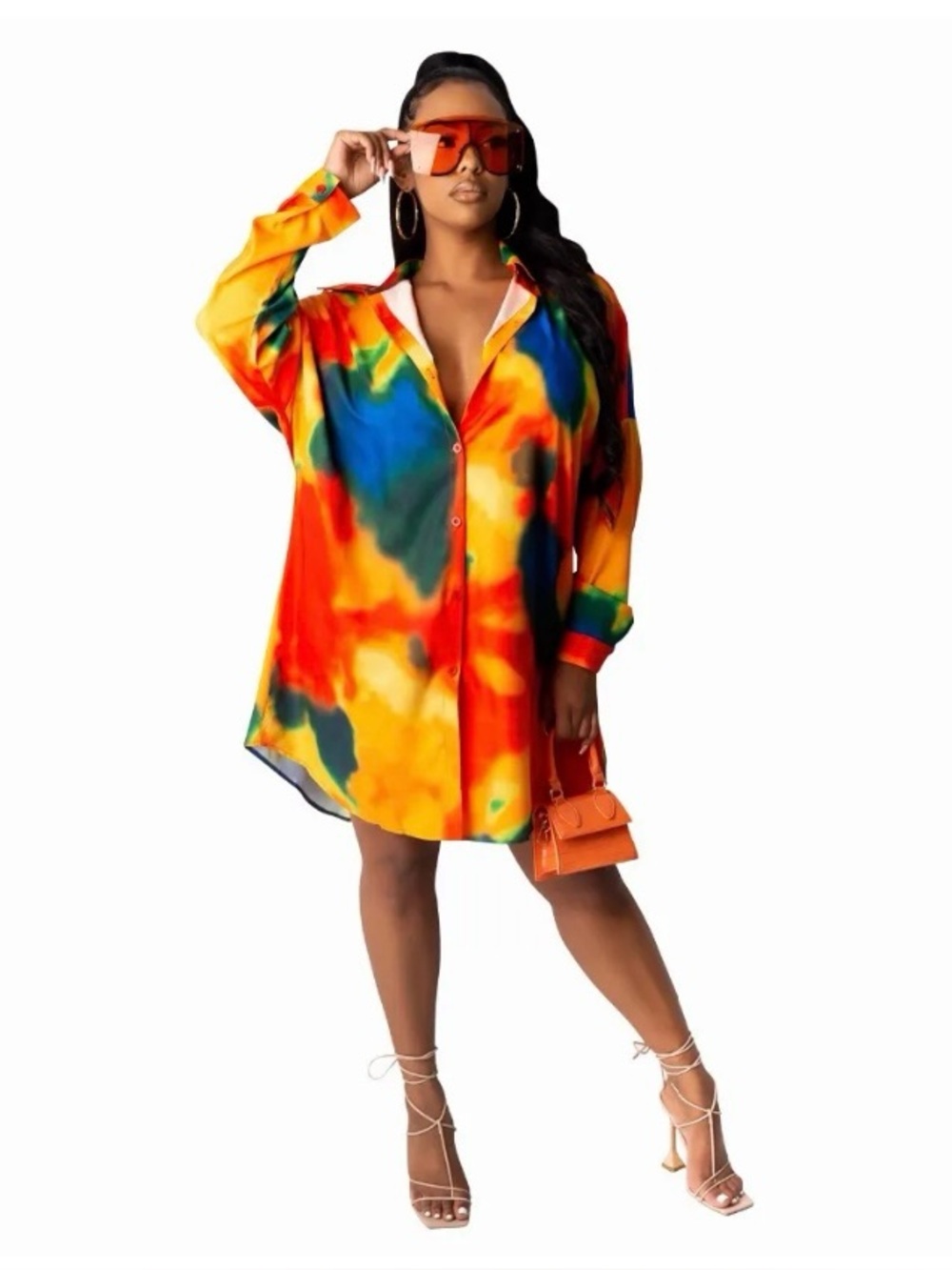 Akira Women Colorful Vibrant Tie-Dye Button-Up Dress Shirt Tunic XL